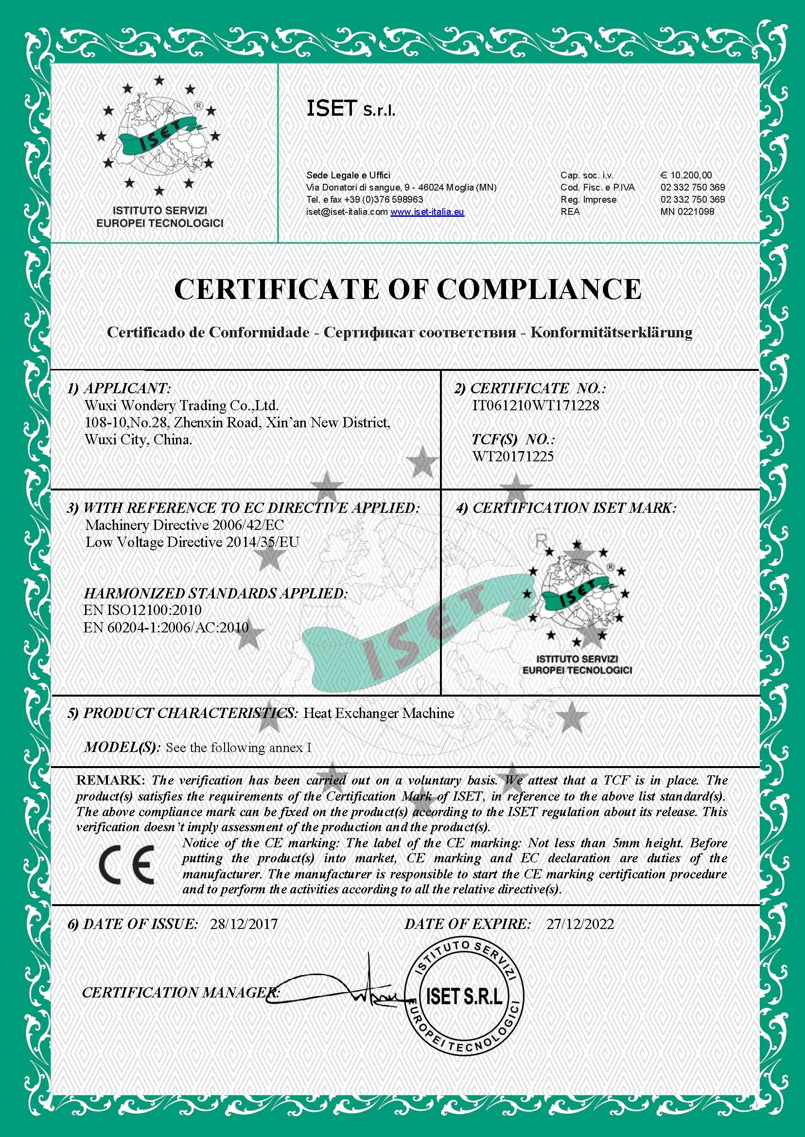 China Wuxi Wondery Industry Equipment Co., Ltd Certification