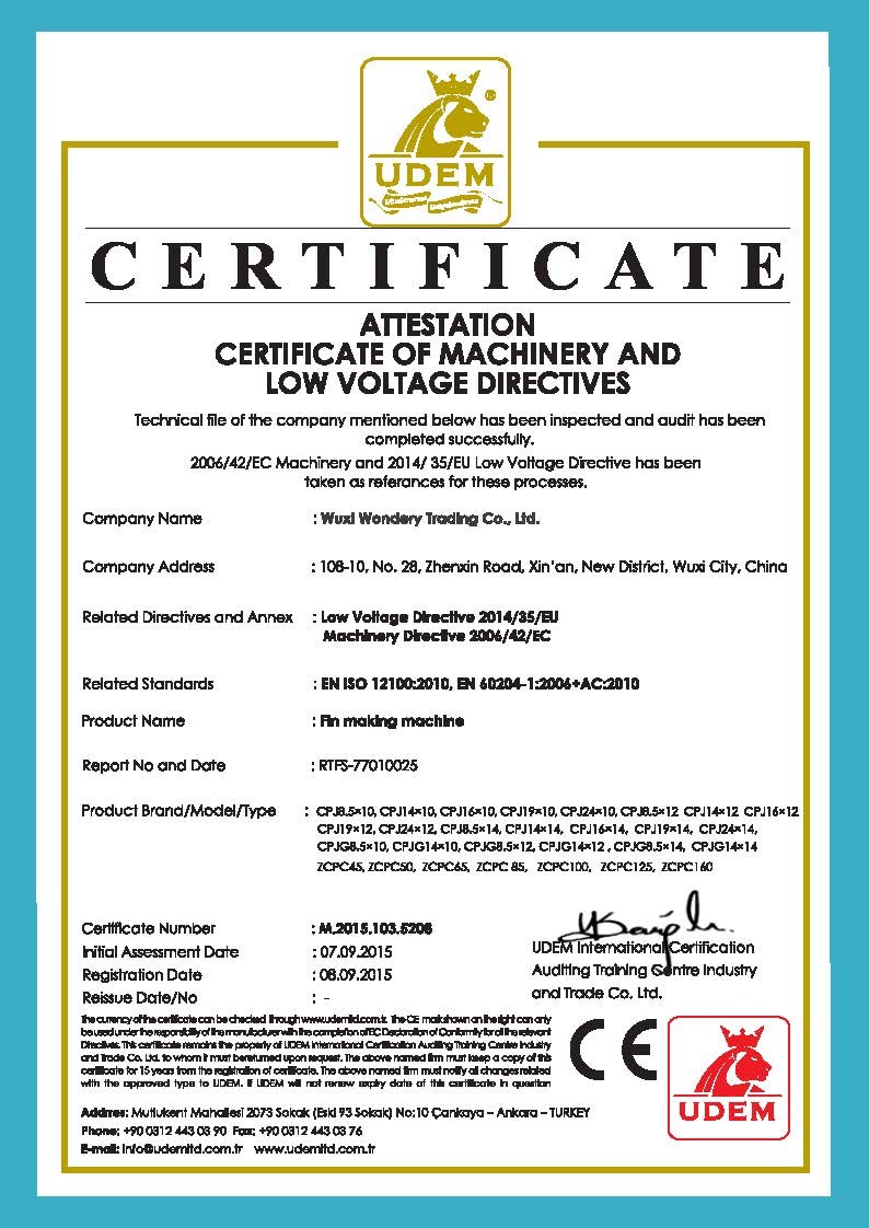 China Wuxi Wondery Industry Equipment Co., Ltd Certification